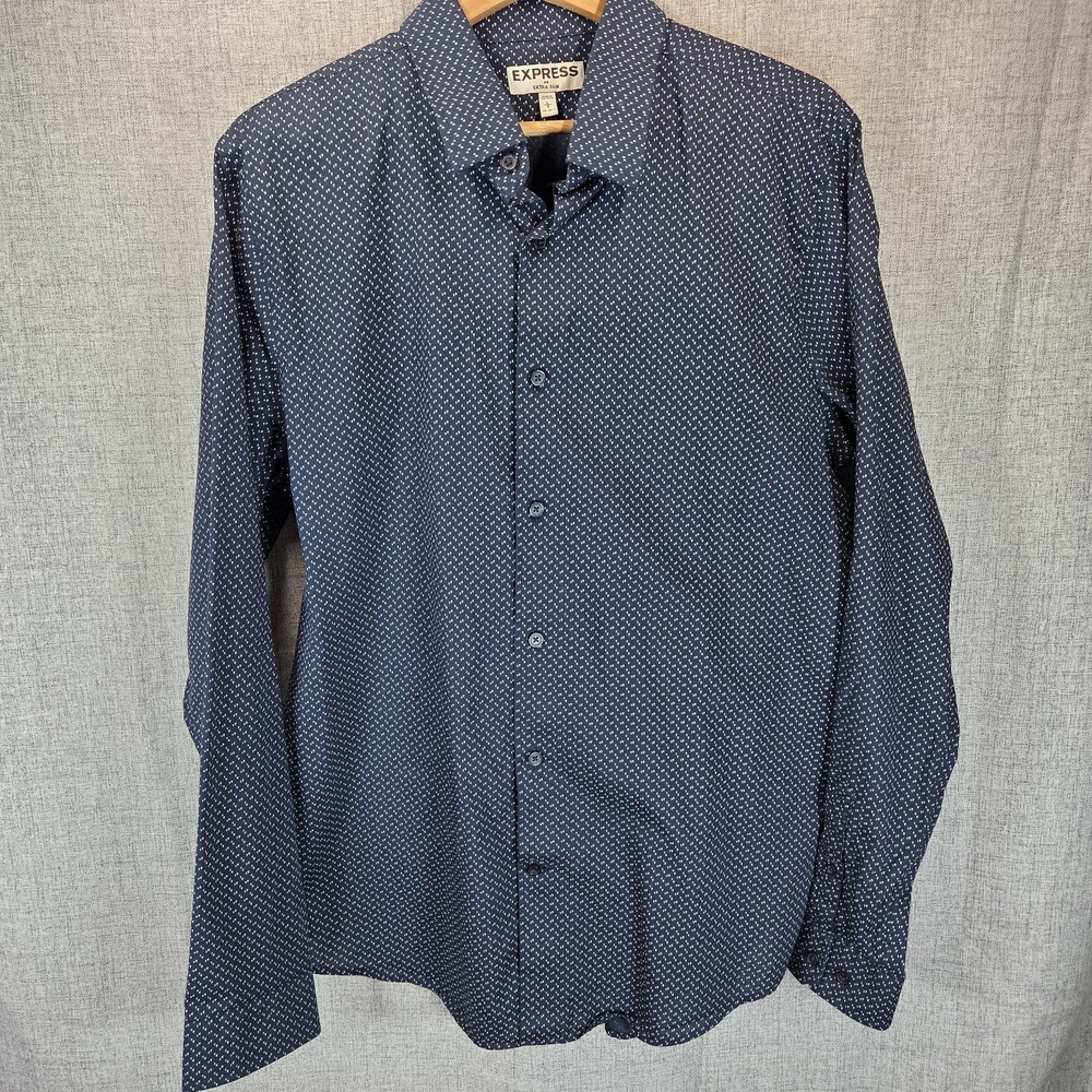 Express Men's EX Slim LG Blue White Geometric LS Button Down Shirt Hipster NWOT